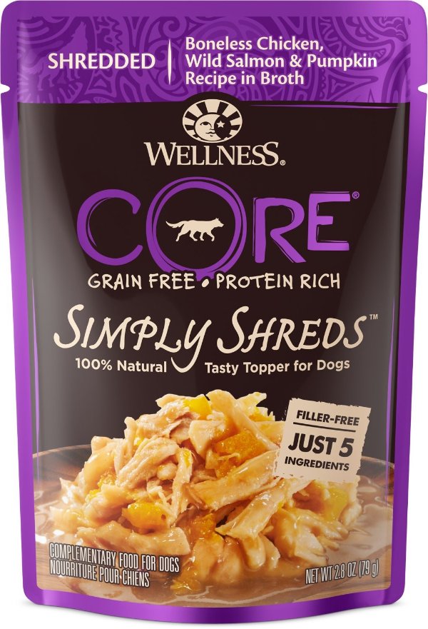 Simply Shreds Grain-Free Chicken, Wild Salmon & Pumpkin Wet Dog Food Topper, 2.8-oz, case of 12 - Chewy.com