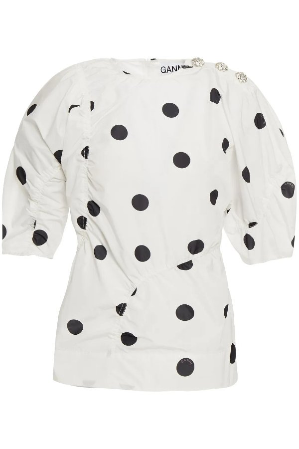 Button-detailed ruched polka-dot shell top