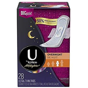 U by Kotex AllNighter Ultra Thin Overnight Pads with Wings, Fragrance-Free, 3 Packs of 28 (84 Total)