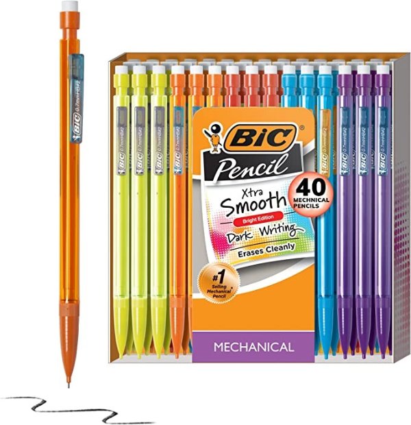 Xtra-Smooth Mechanical Pencils with Erasers, Bright Edition Medium Point (0.7mm), 40-Count Pack, Bulk Mechanical Pencils for School or Office Supplies