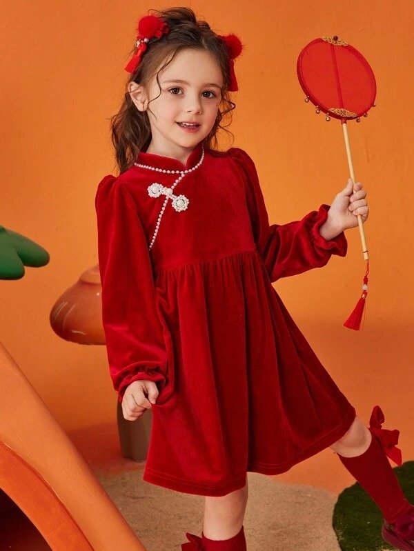 Toddler Girls' Velvet Cheongsam Dress With Imitated Pearls Button And Sparkling Detail