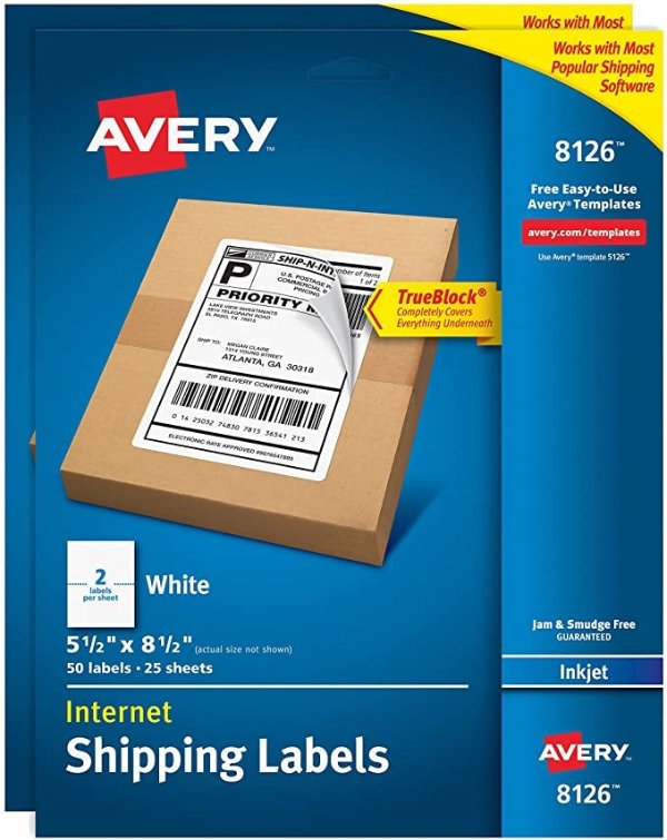 Shipping Address Labels, Inkjet Printers, 100 Labels, Half Sheet Labels, Permanent Adhesive, TrueBlock (2-Pack 8126)