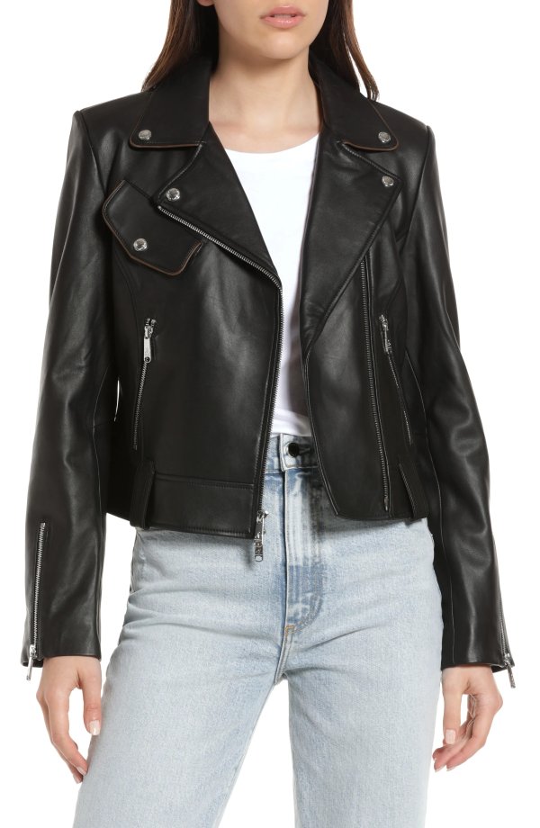 Piped Leather Moto Jacket