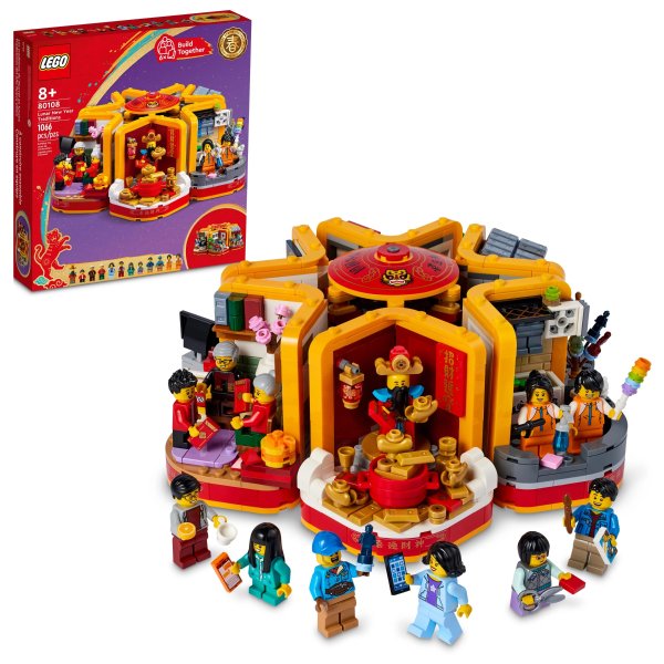 Lunar New Year Traditions 80108 Building Kit; Gift Toy for Kids Aged 8 and Up; Building Set Featuring 6 Festive Scenes and 12 Minifigures, Including the God of Wealth (1,066 Pieces)