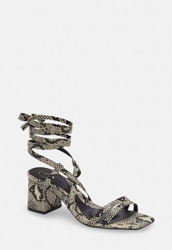 - Gray Snake Two Strap Lace Up Mid Heel Sandals