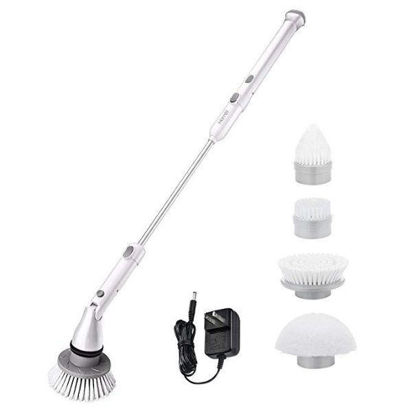Electric Spin Scrubber, 360 Cordless Tub and Tile Scrubber with 4 Replaceable Cleaning Scrubber Brush Heads, 1 Extension Arm and Adapter for Bathroom, Floor, Wall and Kitchen