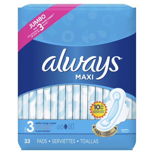 Maxi Super Absorbency Pads with Wings Unscented, Extra Long, Size 3, 33 Ct