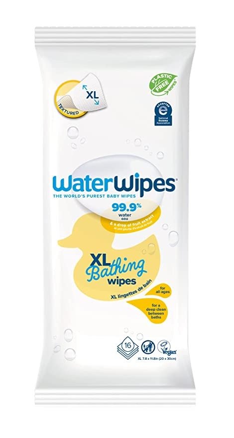 WaterWipes Plastic-Free XL Bathing,Toddler & Baby Wipes, 99.9% Water Based Wipes, Unscented & Hypoallergenic for Sensitive Skin, 16 Count (1 pack), Packaging May Vary