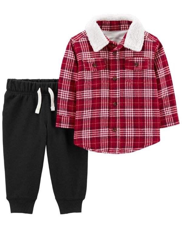 2-Piece Plaid Button-Front Shirt & Fleece Pant Set