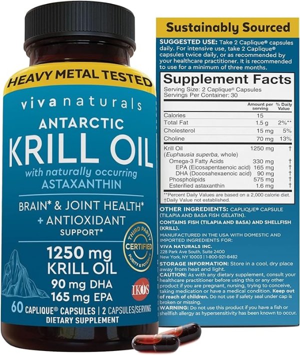 Antarctic Krill Oil Omega 3 Fatty Acid Supplements 1250 mg, High EPA DHA & Astaxanthin Concentration for Brain, Joint Health & Antioxidant Support, No Fish Burps, 60 Count