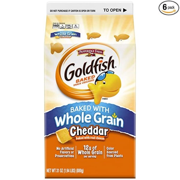 Pepperidge Farm Goldfish Baked Snack Crackers Baked with Whole Grain Cheddar Cheese, Pack of 6, 31 Ounce