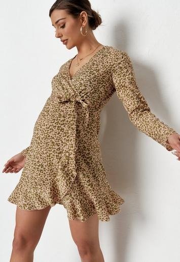 - Pink Leopard Print Wrap Ruffle Maternity Dress