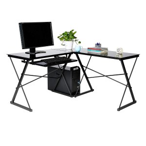 AmazonBasics Three Piece Glass Desk, Black with Black Glass