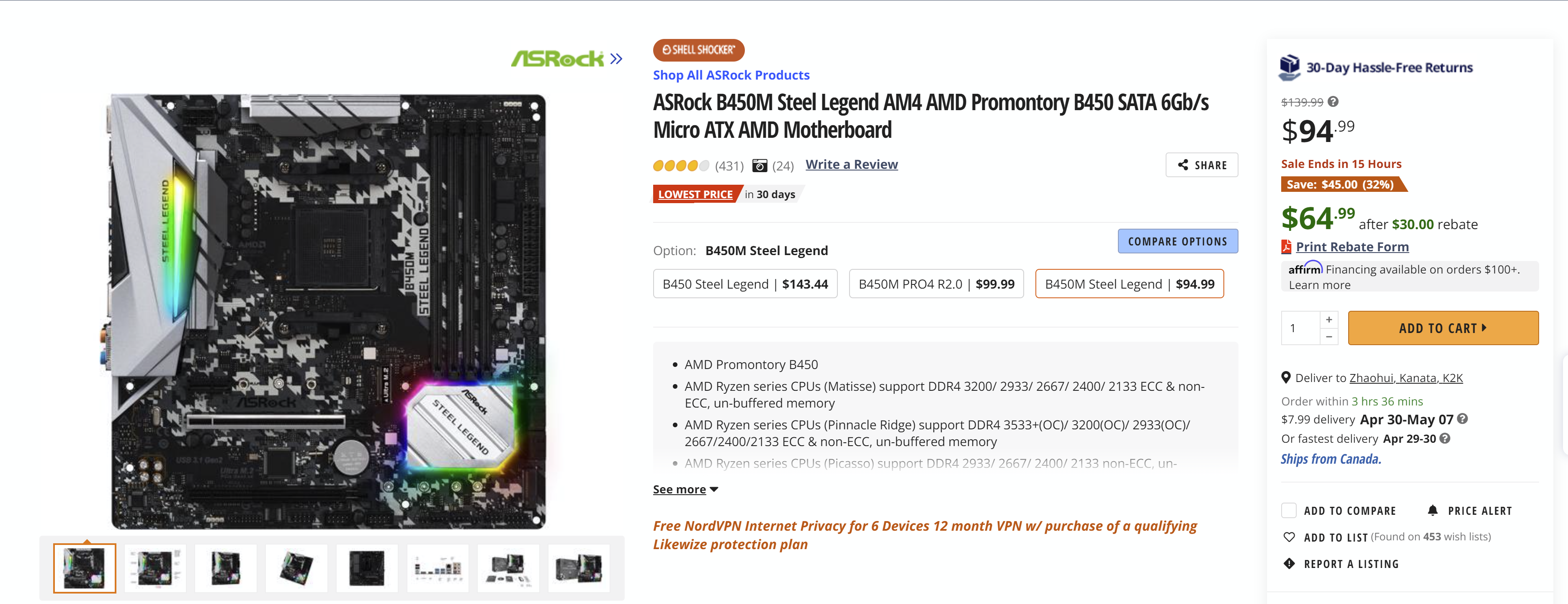 ASRock B450M Steel Legend AM4 AMD Promontory B450 SATA 6Gb/s Micro ATX AMD Motherboard