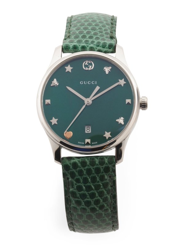 Women&#39;s Swiss Made G Timeless Green Mop Leather Strap Watch