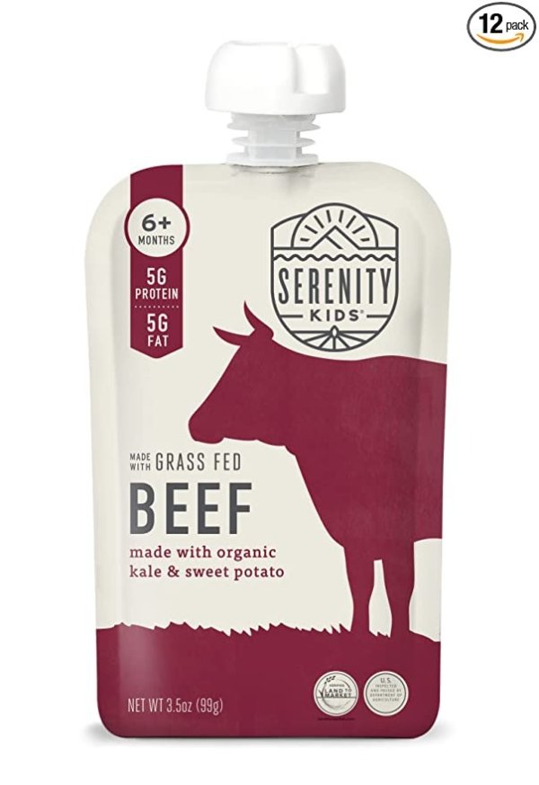 Serenity Kids 6+ Months Baby Food Pouches Puree Made With Ethically Sourced Meats & Organic Veggies | 3.5 Ounce BPA-Free Pouch | Grass Fed Beef, Kale, Sweet Potato | 12 Count