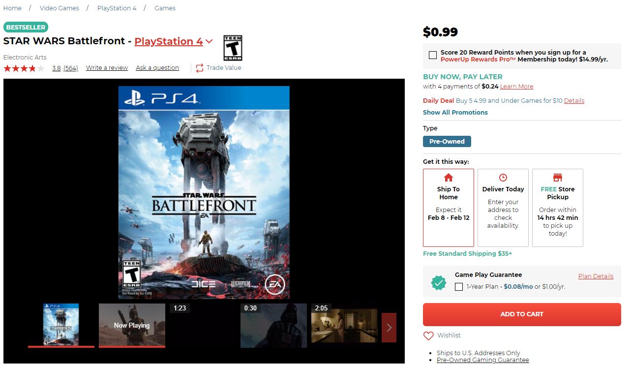 GameStop PS4 二手游戏$0.99件