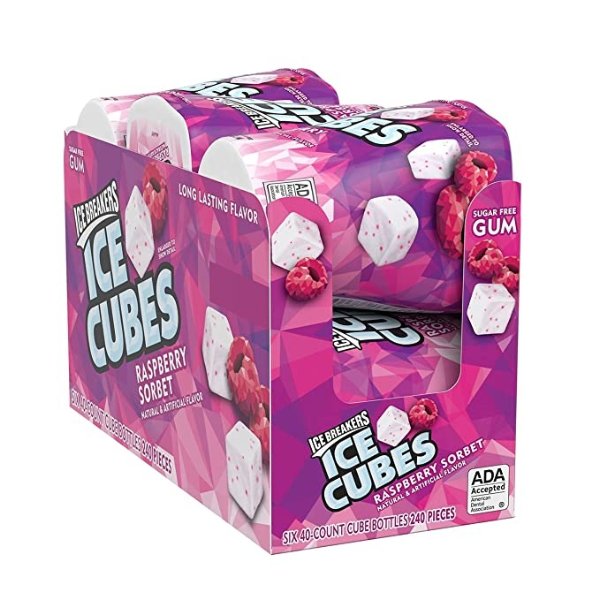 ICE CUBES Raspberry Sorbet Sugar Free Chewing Gum, Holiday, 3.24 oz Bottles (6 Count, 40 Pieces)