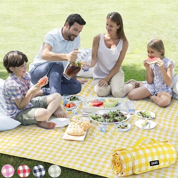 Extra Large Picnic Blankets, 80''x80'' Washable Waterproof Foldable Oversized Compact Picnic Mat for Spring Summer Blanket Beach, Camping on Grass (Yellow and White)