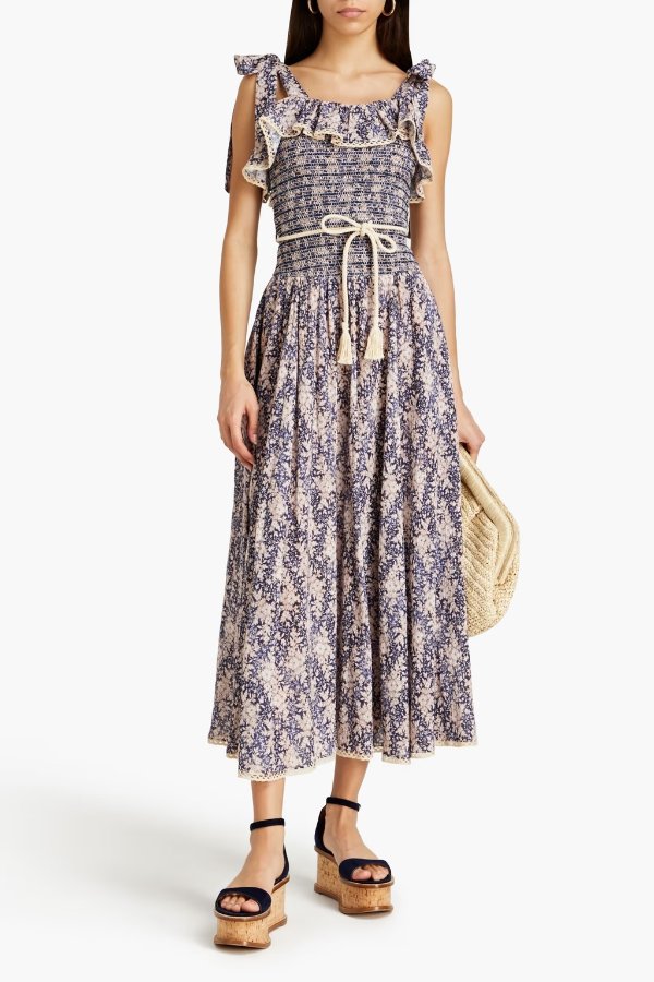 Shirred floral-print cotton-blend jacquard midi dress