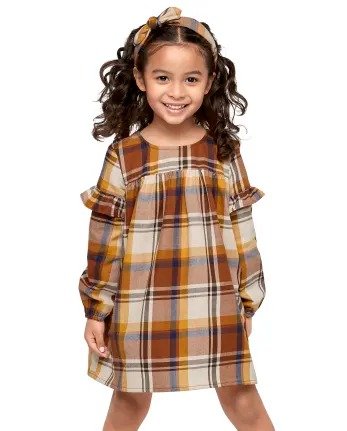 Toddler Girls Matching Family Long Sleeve Plaid Knit Ruffle Dress | The Children's Place - GINGER BREAD