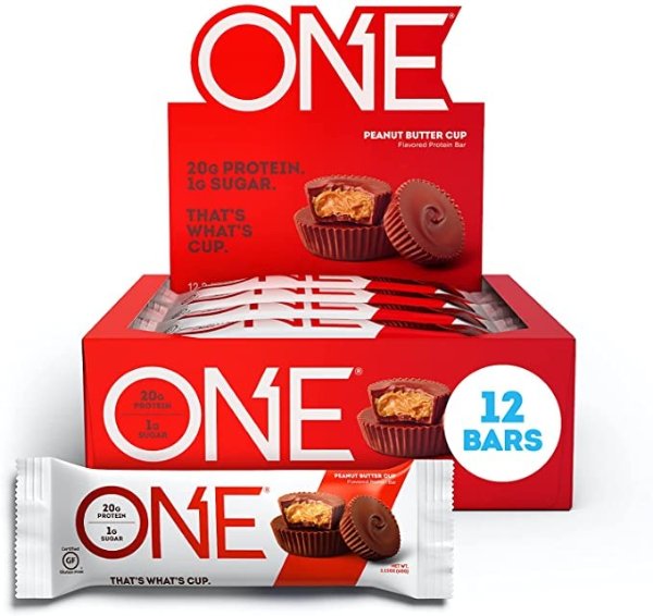 ONE Protein Bars, Peanut Butter Cup, Gluten-Free Protein Bar with 20g Protein and only 1g Sugar, Snacking for High Protein Diets, 2.12 Ounce (12 Pack)