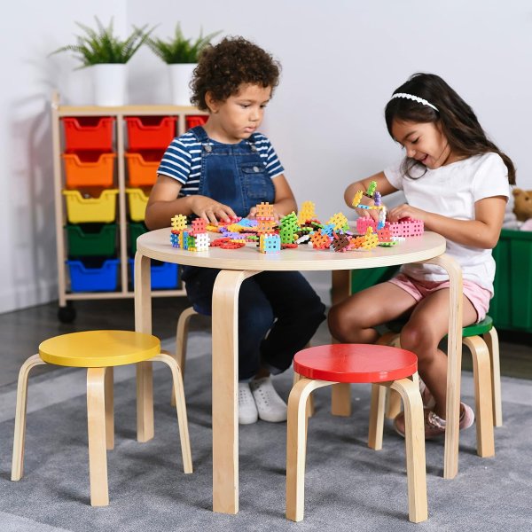 Bentwood Round Table and Stool Set, Kids Furniture, Assorted, 5-Piece