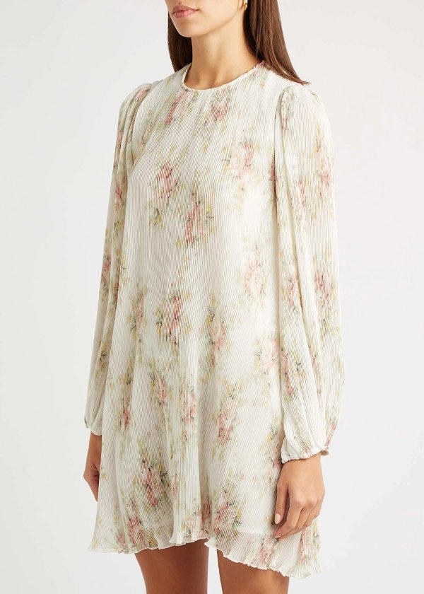 Floral-print plisse georgette mini dress