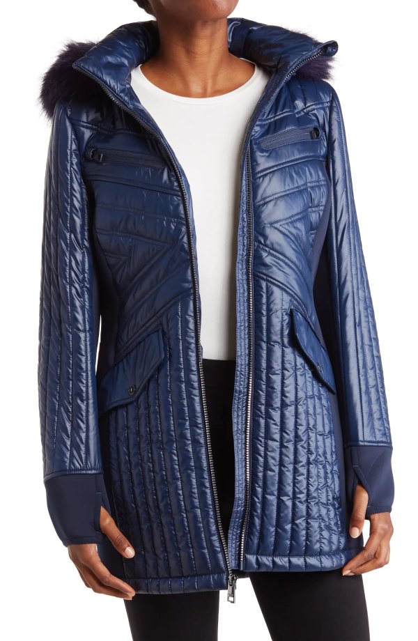 Water-Resistant Faux Fur Trim Hooded Quilted Jacket