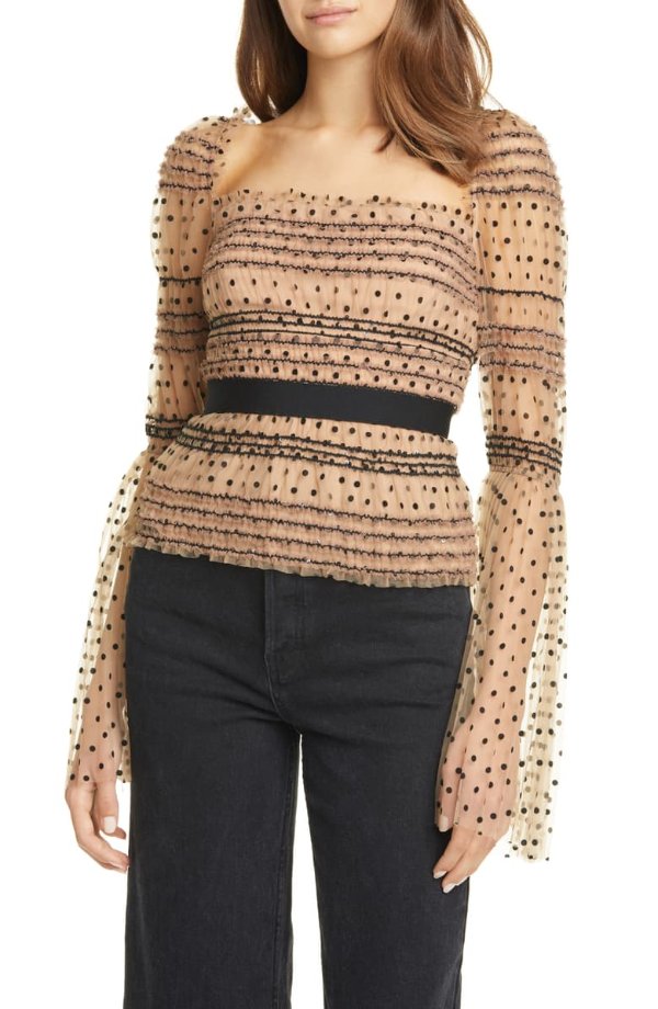 Dot Sequin Shirred Bell Sleeve Top
