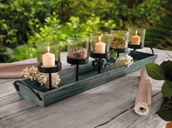 27.5" Rustic Wood Centerpiece Tray With Five Metal Candle Holders, 6-Piece Set - Beach Style - Candleholders - by Pier Surplus