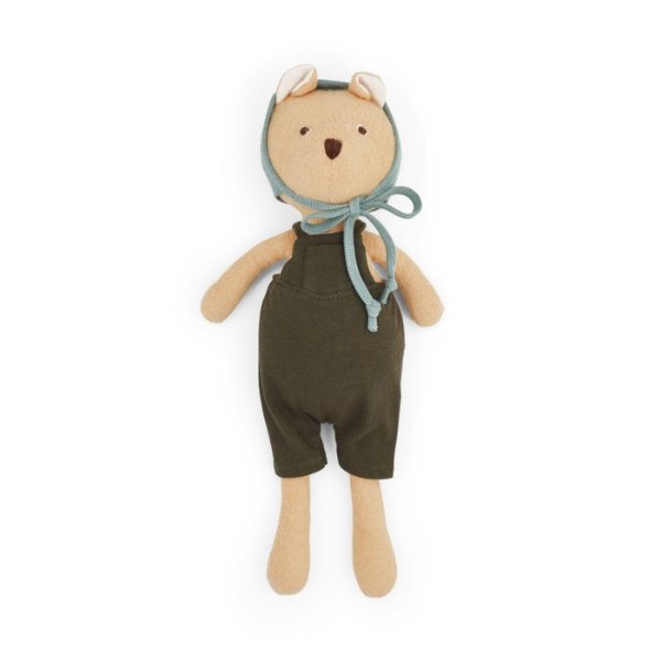 Organic Animal Doll - Nicolas Bear in Picnic Overalls and Bonnet