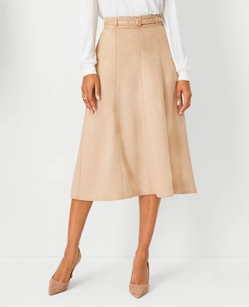 Faux Suede Belted Midi Skirt | Ann Taylor