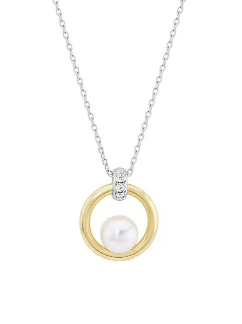Circle Two-Tone 18K Gold, Diamond & Floating 6MM Cultured Akoya Pearl Pendant Necklace