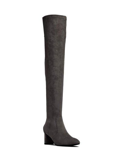 POINTED BLOCK HEEL OVER THE KNEE BOOTS GREY FABRIC