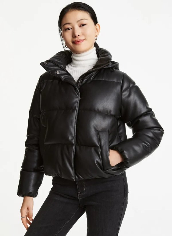 Faux Leather Hooded Puffer