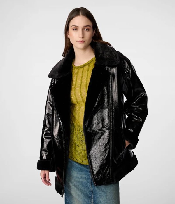 Alicia Shine Leather Oversized Moto Jacket