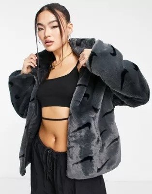 faux fur printed jacket in gray