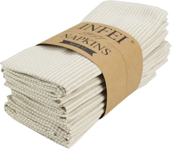 INFEI Narrow Striped Cotton Linen Blended Dinner Cloth Napkins - Set of 12