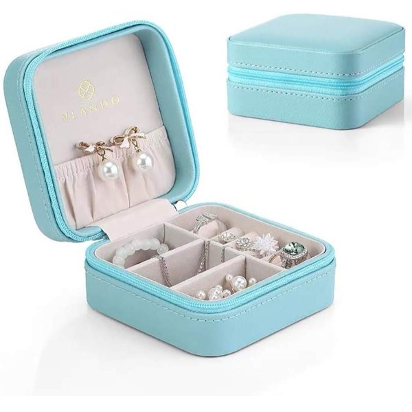 Small Faux Leather Travel Jewelry Box Organizer Display Storage Case for Rings Earrings Necklace (Blue)
