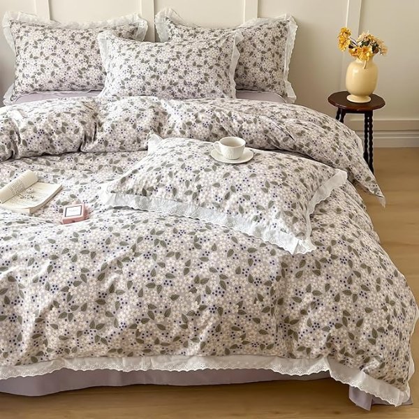 100% Cotton Duvet Cover Twin Floral and Leaves Boho Ruffle Style Bedding Set with Zipper Closure 4 Ties for All Season Soft Comforter Cover Comes with Matching Pillow Cases for Kids Women