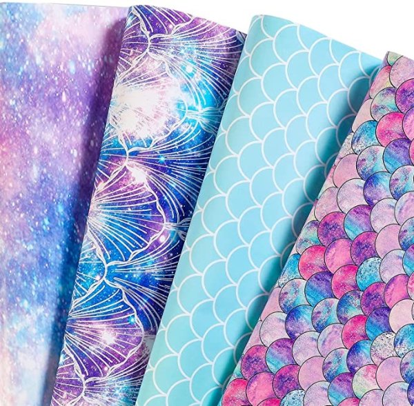 U'COVER Birthday Wrapping Paper for Girls Boys Kids Baby Shower Women Men Mermaid Scale Scallop Galaxy 12 Folded Sheet 4 Style Pattern Gift Wrapping Paper for Wedding Graduation Anniversary 20×29inch