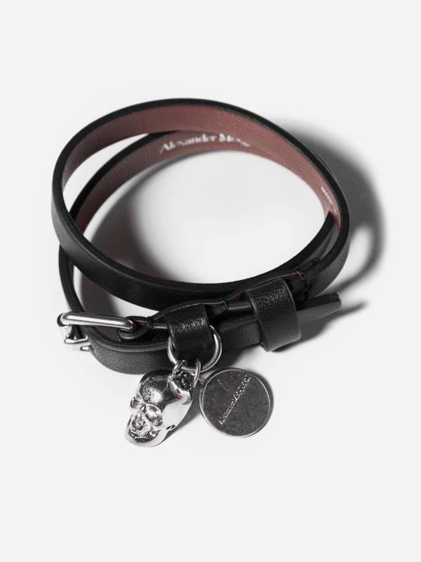 Skull double-wrap leather bracelet