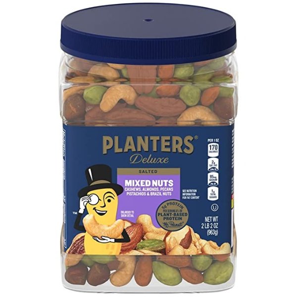 PLANTERS Deluxe Salted Mixed Nuts, Resealable Canister 2 lb 2oz. (34 oz) (Packaging May vary)