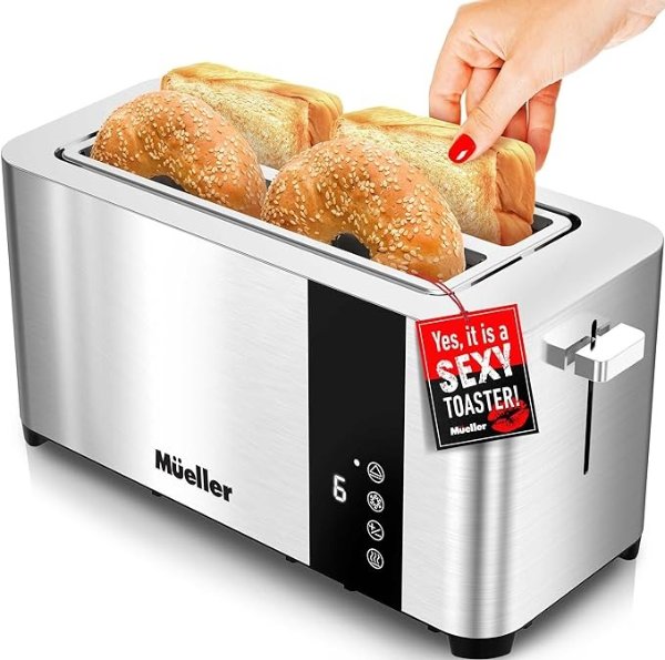 UltraToast Full Stainless Steel Toaster 4 Slice, Long Extra-Wide Slots with Removable Tray, Cancel/Defrost/Reheat Functions, 6 Browning Levels with LED Display