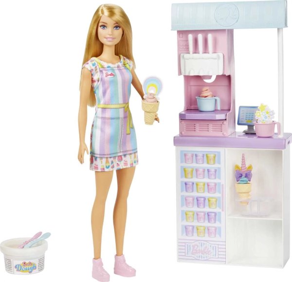 Ice Cream Shop Playset with Blonde Doll, Ice Cream Machine, Molds, Dough & Accessories