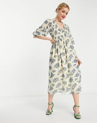ASOS DESIGN midi smock dress with shirred cuffs in white base floral print