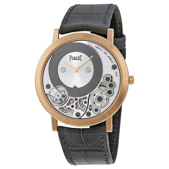 Altiplano Silver and Black Skeleton Dial 18kt Rose Gold Gray Leather Men's Watch 