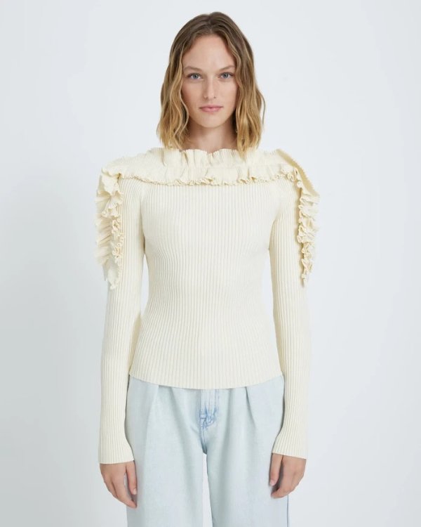Long Sleeve Ruffle Top in Antique White