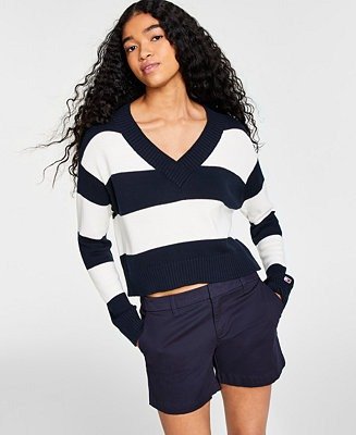 Striped V-Neck Varsity Sweater